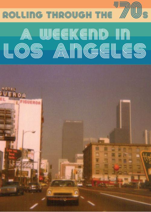 A yellow car drives in Los Angeles in the 1970s.